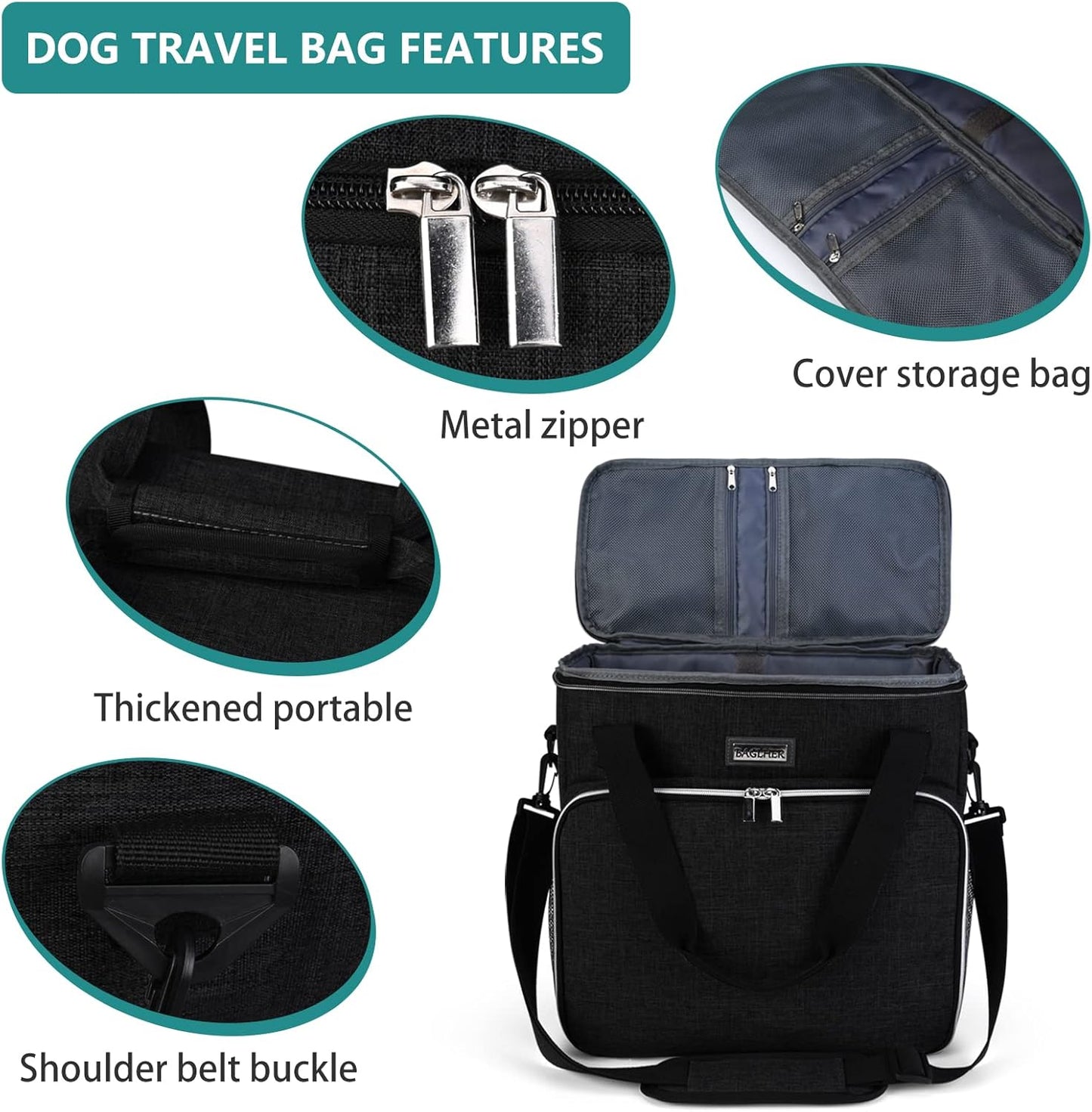 Professional Dog Travel Bag with Complete Pet Travel Supplies, Including 2 Food Containers and 2 Collapsible Silicone Bowls - Essential Travel Kit in Black