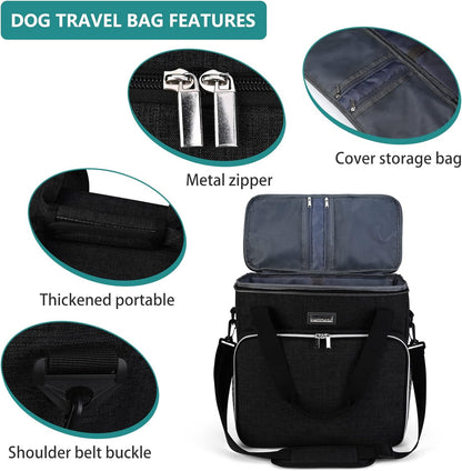 Professional Dog Travel Bag with Complete Pet Travel Supplies, Including 2 Food Containers and 2 Collapsible Silicone Bowls - Essential Travel Kit in Black