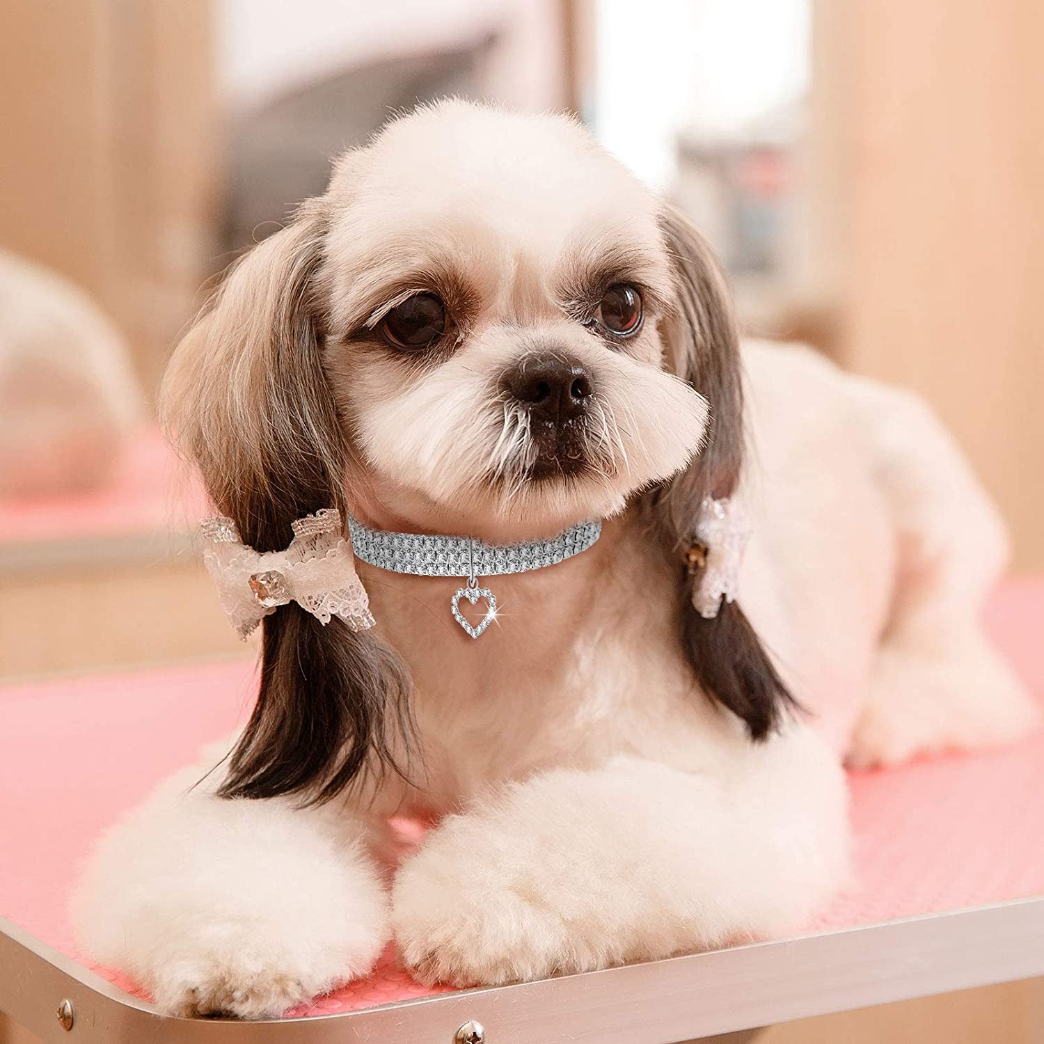 Set of 3 Adjustable Rhinestone Pet Collars with Glitter Pendant for Small Dogs and Cats (White)