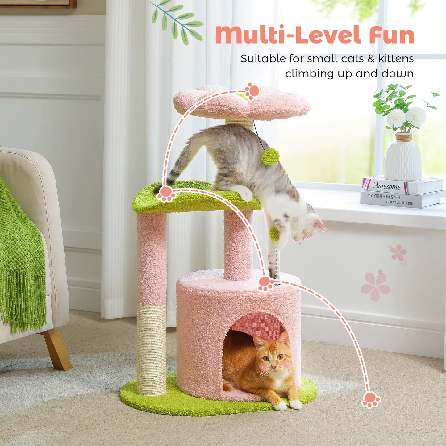 Cactus-Inspired Cat Tree with Curved Perch, Removable Top Bed, and Integrated Scratching Post for Indoor Cats