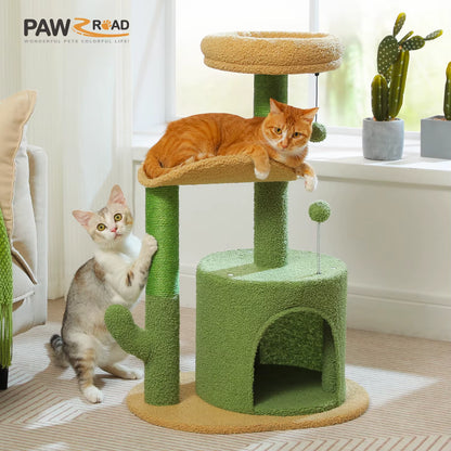 Cactus-Inspired Cat Tree with Curved Perch, Removable Top Bed, and Integrated Scratching Post for Indoor Cats