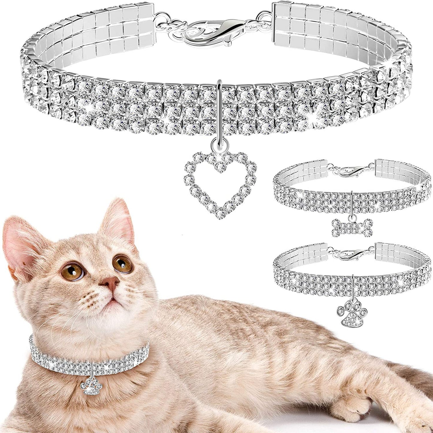 Set of 3 Adjustable Rhinestone Pet Collars with Glitter Pendant for Small Dogs and Cats (White)