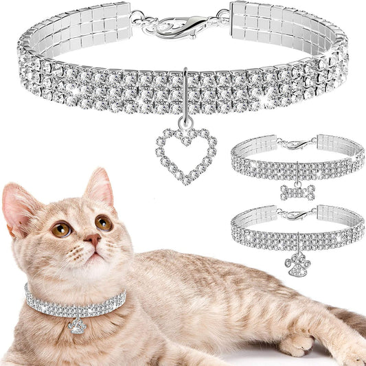 Set of 3 Adjustable Rhinestone Pet Collars with Glitter Pendant for Small Dogs and Cats (White)