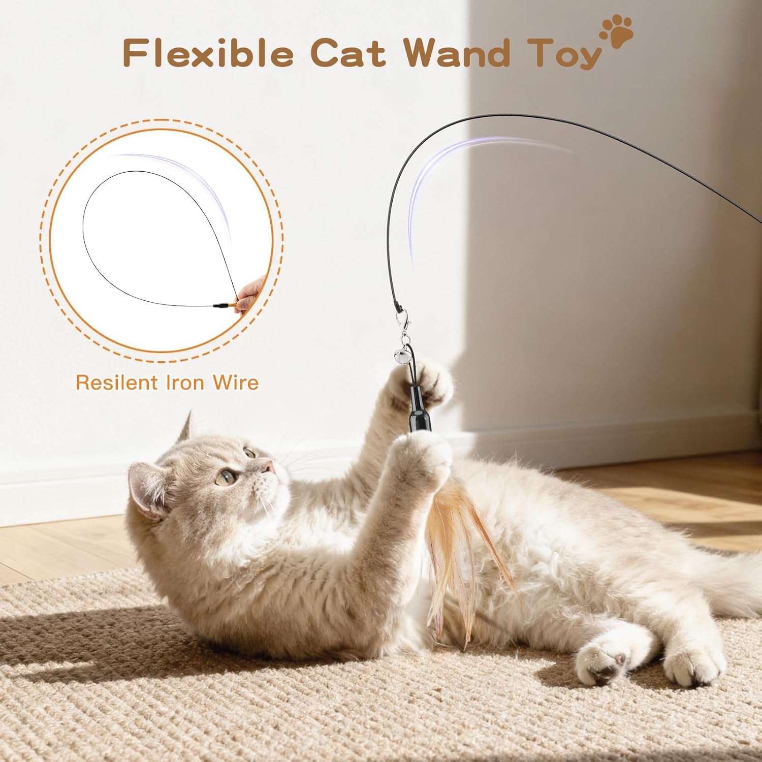 Interactive Feather Teaser Cat Toy - 34.5" Wand with Bell, Engaging Playtime Accessory for Kittens and Cats, Brown Feather