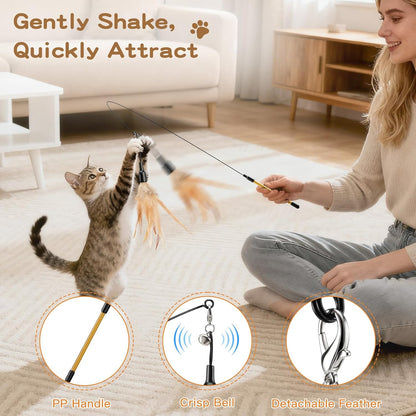 Interactive Feather Teaser Cat Toy - 34.5" Wand with Bell, Engaging Playtime Accessory for Kittens and Cats, Brown Feather