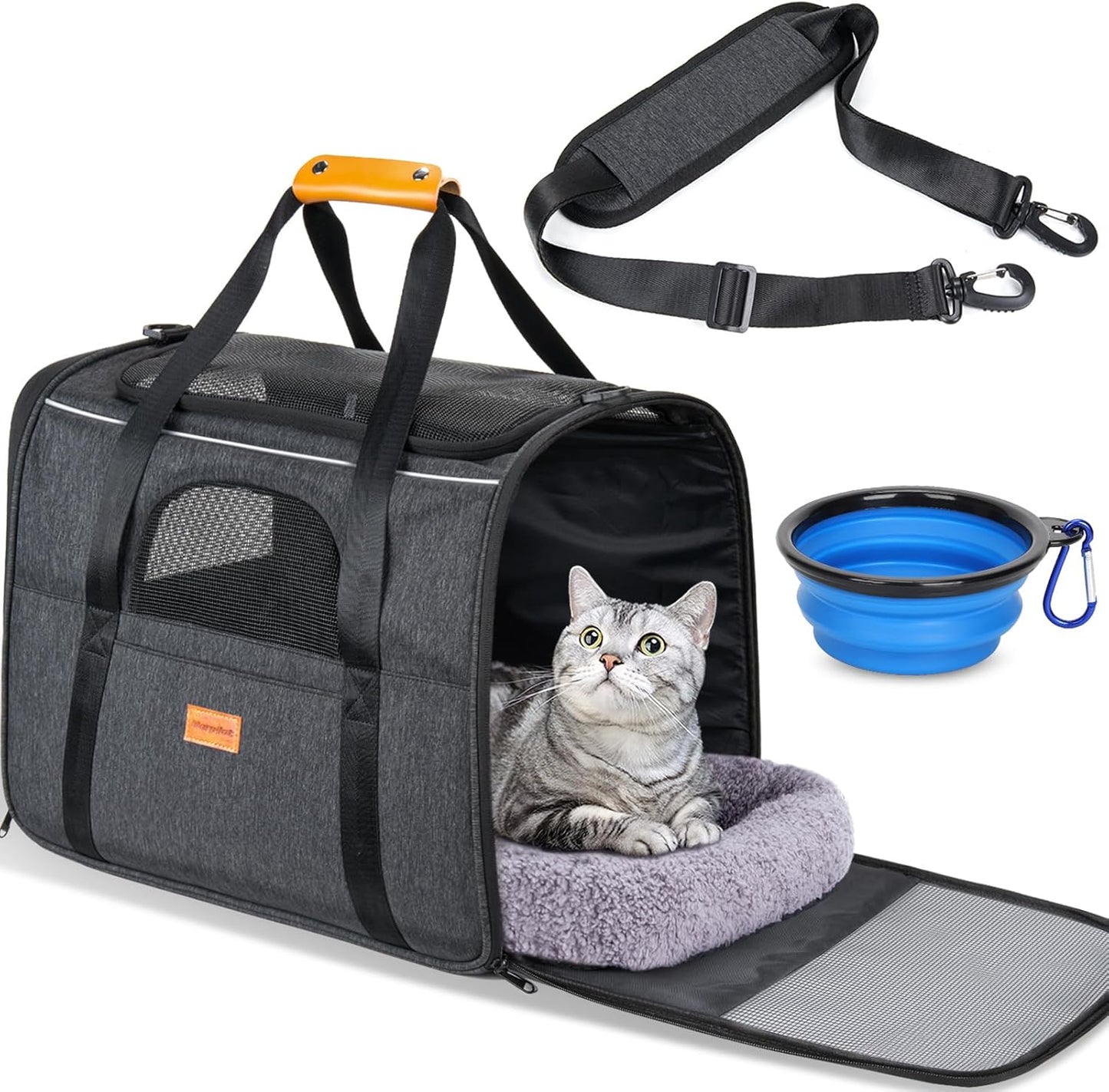 Soft Cat Carrier for Medium to Large Cats (up to 20 lbs) with Dual-Sided Cushion, Secure Buckle, and Foldable Bowl - Versatile Pet Carrier for Small Dogs (Dark Gray)