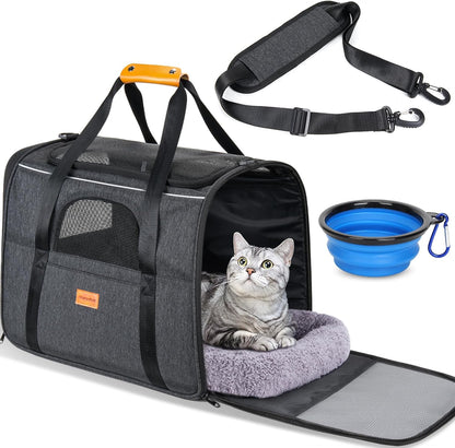 Soft Cat Carrier for Medium to Large Cats (up to 20 lbs) with Dual-Sided Cushion, Secure Buckle, and Foldable Bowl - Versatile Pet Carrier for Small Dogs (Dark Gray)