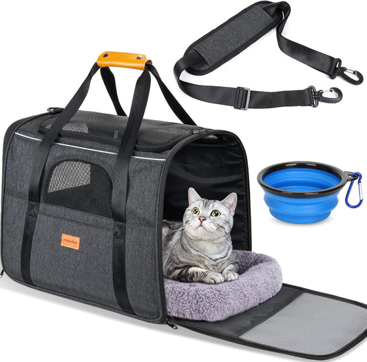 Soft Cat Carrier for Medium to Large Cats (up to 20 lbs) with Dual-Sided Cushion, Secure Buckle, and Foldable Bowl - Versatile Pet Carrier for Small Dogs (Dark Gray)