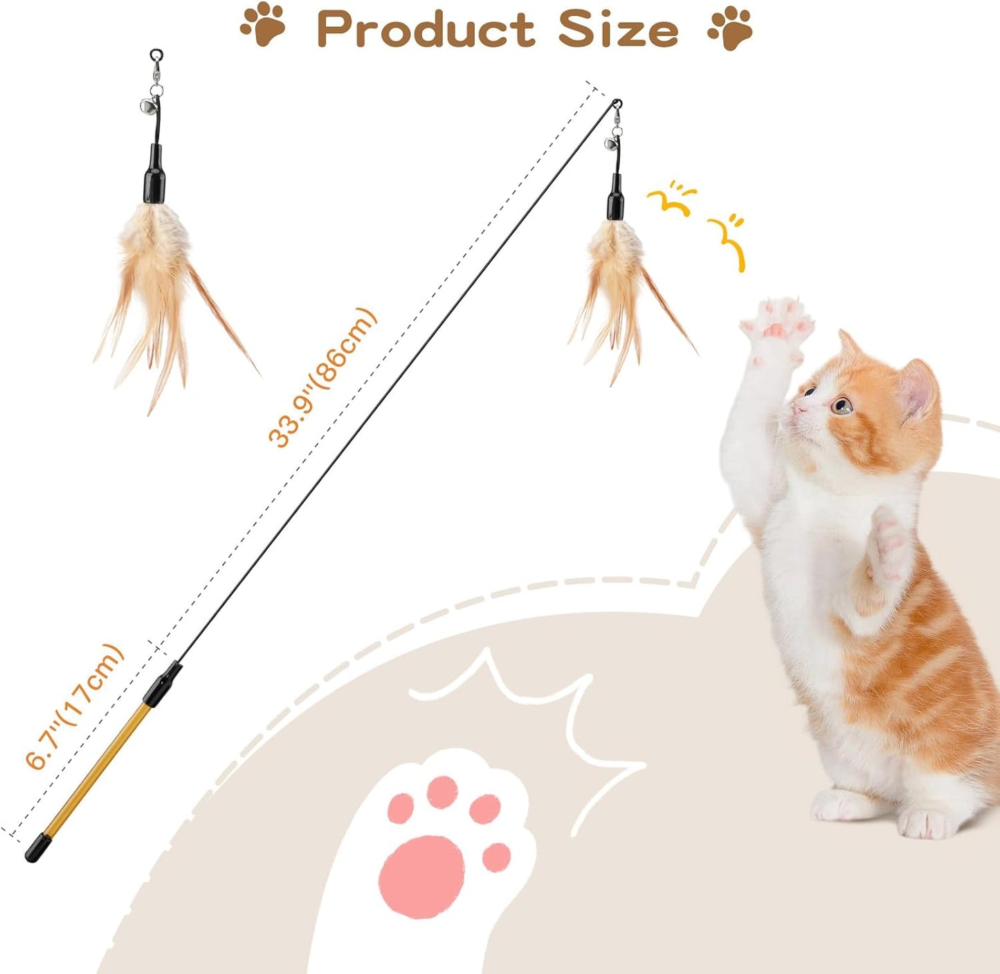 Interactive Feather Teaser Cat Toy - 34.5" Wand with Bell, Engaging Playtime Accessory for Kittens and Cats, Brown Feather