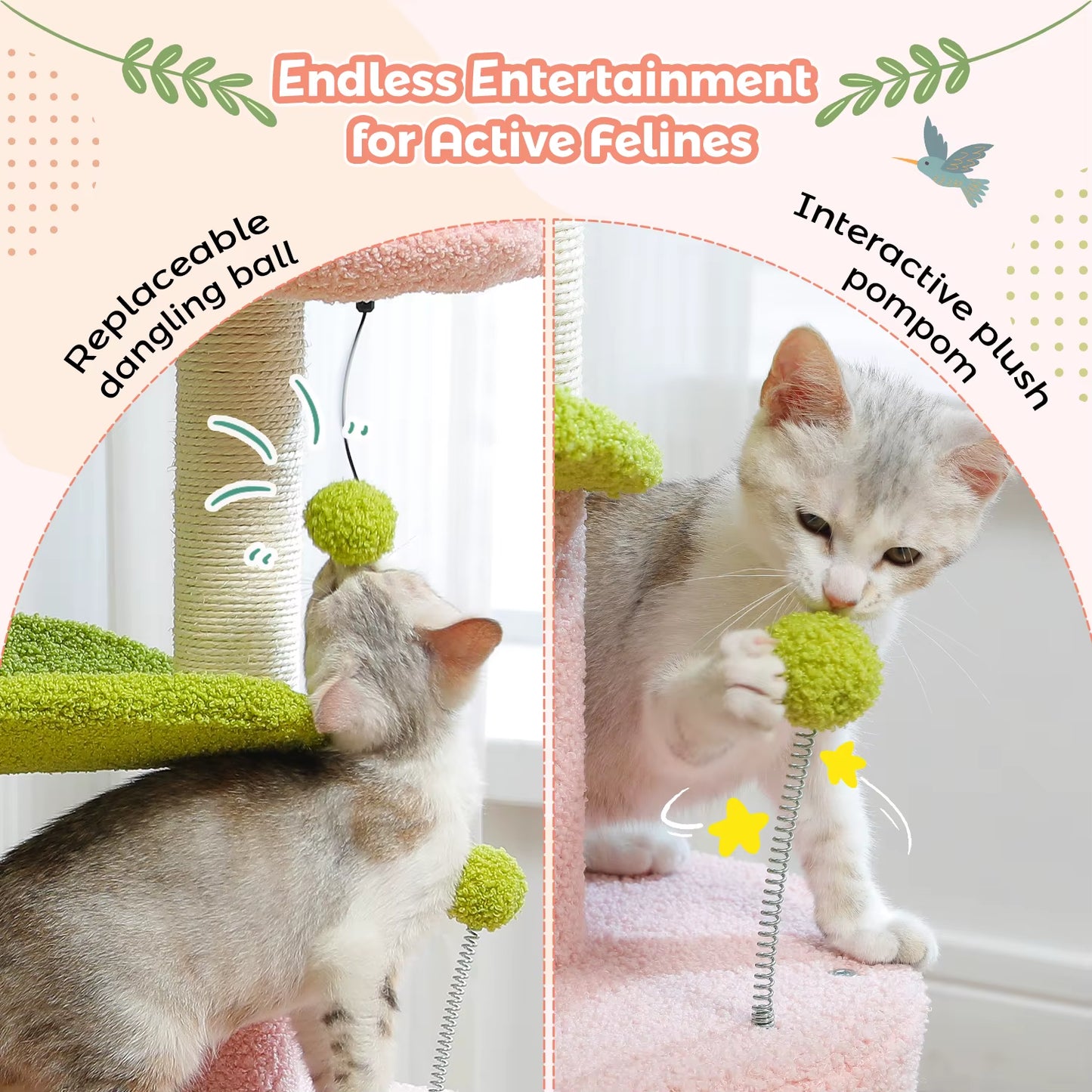 Cactus-Inspired Cat Tree with Curved Perch, Removable Top Bed, and Integrated Scratching Post for Indoor Cats