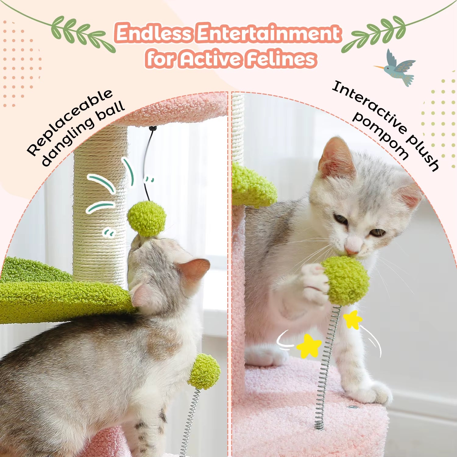 Cactus-Inspired Cat Tree with Curved Perch, Removable Top Bed, and Integrated Scratching Post for Indoor Cats