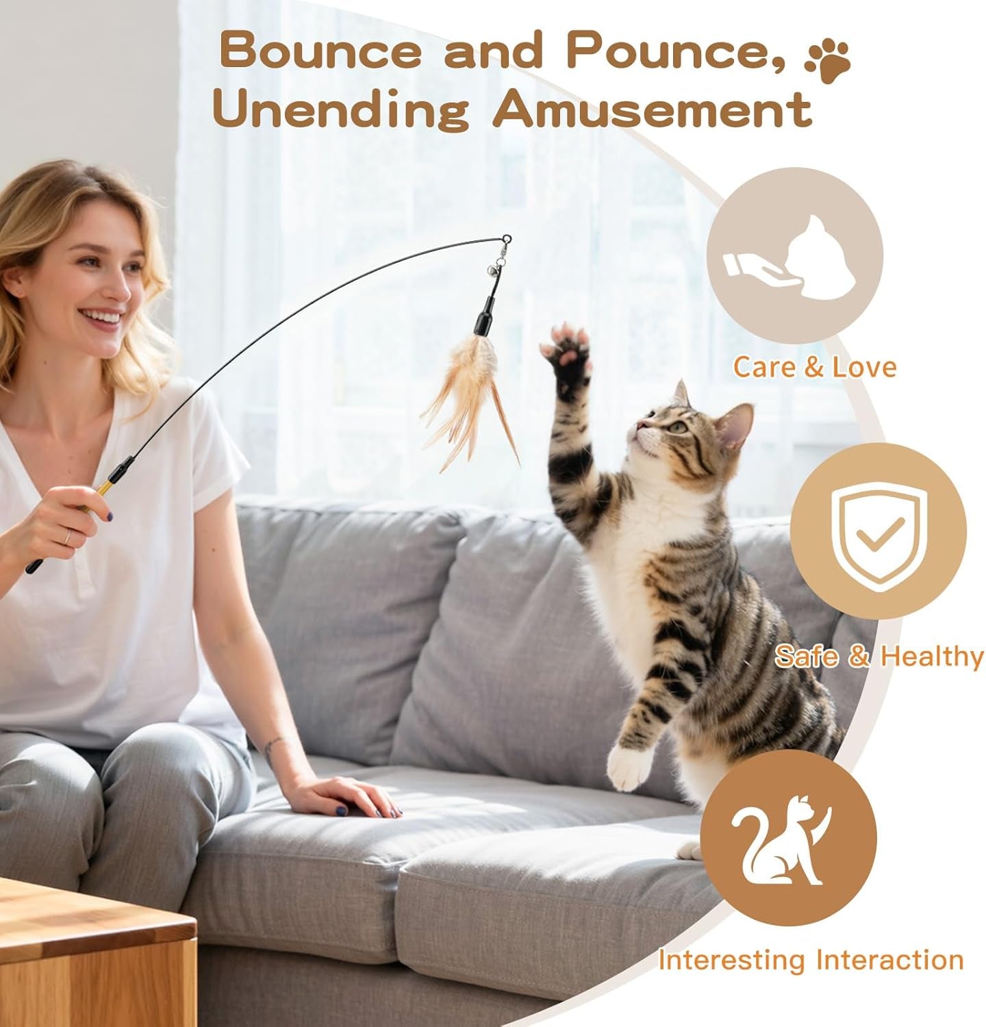 Interactive Feather Teaser Cat Toy - 34.5" Wand with Bell, Engaging Playtime Accessory for Kittens and Cats, Brown Feather