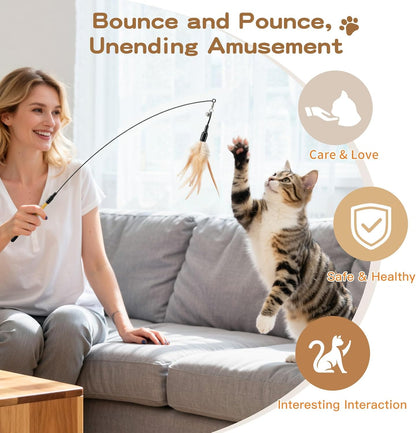 Interactive Feather Teaser Cat Toy - 34.5" Wand with Bell, Engaging Playtime Accessory for Kittens and Cats, Brown Feather