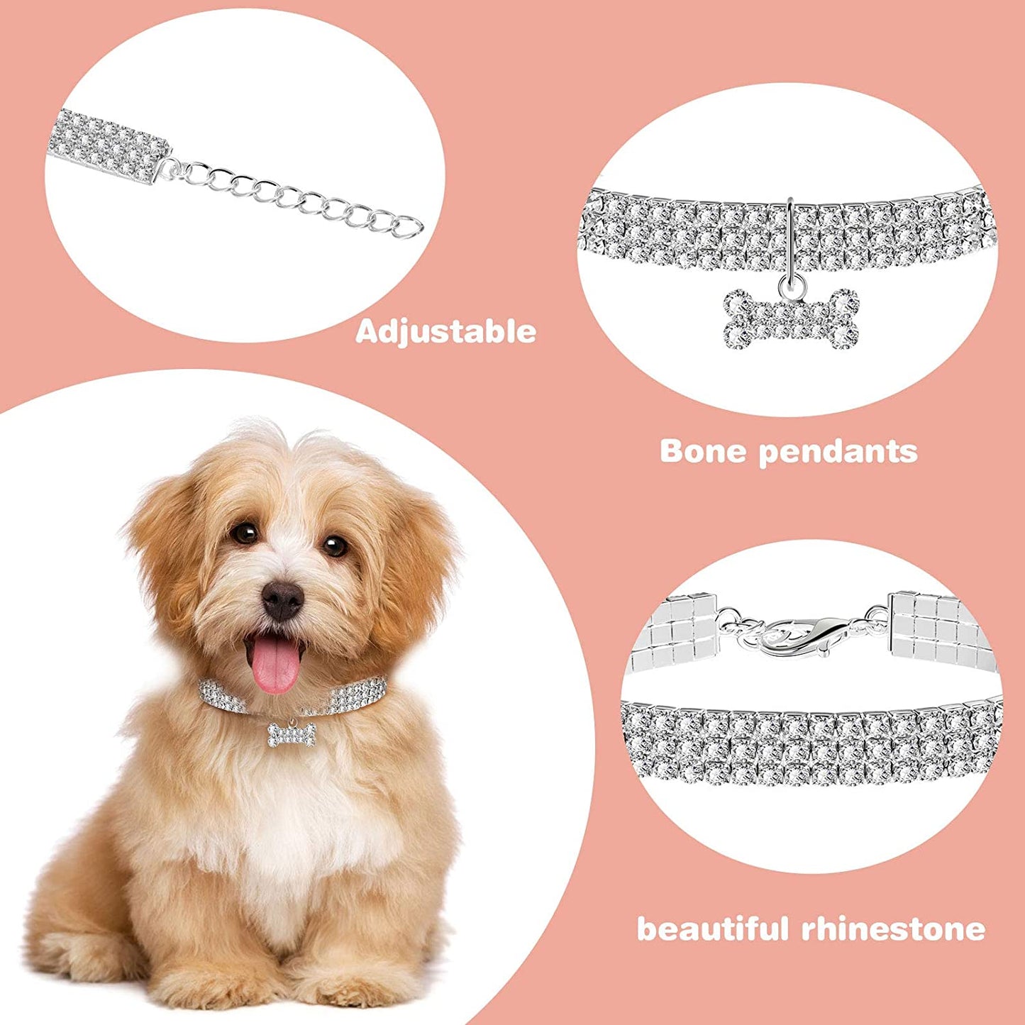 Set of 3 Adjustable Rhinestone Pet Collars with Glitter Pendant for Small Dogs and Cats (White)