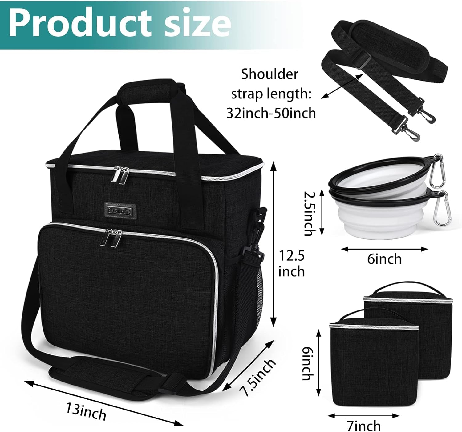 Professional Dog Travel Bag with Complete Pet Travel Supplies, Including 2 Food Containers and 2 Collapsible Silicone Bowls - Essential Travel Kit in Black