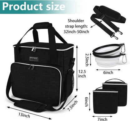 Professional Dog Travel Bag with Complete Pet Travel Supplies, Including 2 Food Containers and 2 Collapsible Silicone Bowls - Essential Travel Kit in Black