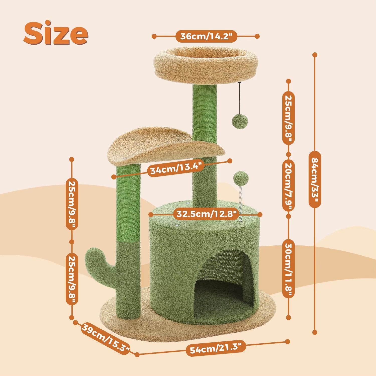 Cactus-Inspired Cat Tree with Curved Perch, Removable Top Bed, and Integrated Scratching Post for Indoor Cats