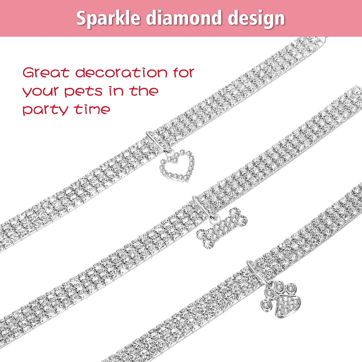 Set of 3 Adjustable Rhinestone Pet Collars with Glitter Pendant for Small Dogs and Cats (White)