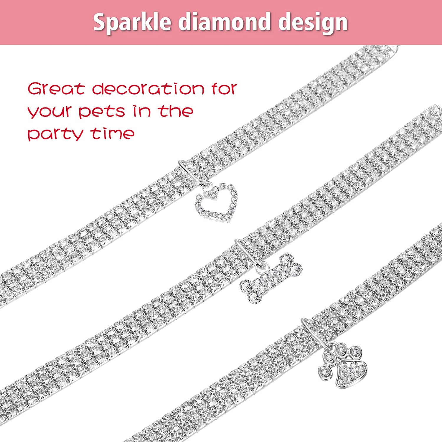 Set of 3 Adjustable Rhinestone Pet Collars with Glitter Pendant for Small Dogs and Cats (White)