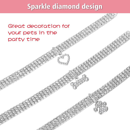 Set of 3 Adjustable Rhinestone Pet Collars with Glitter Pendant for Small Dogs and Cats (White)