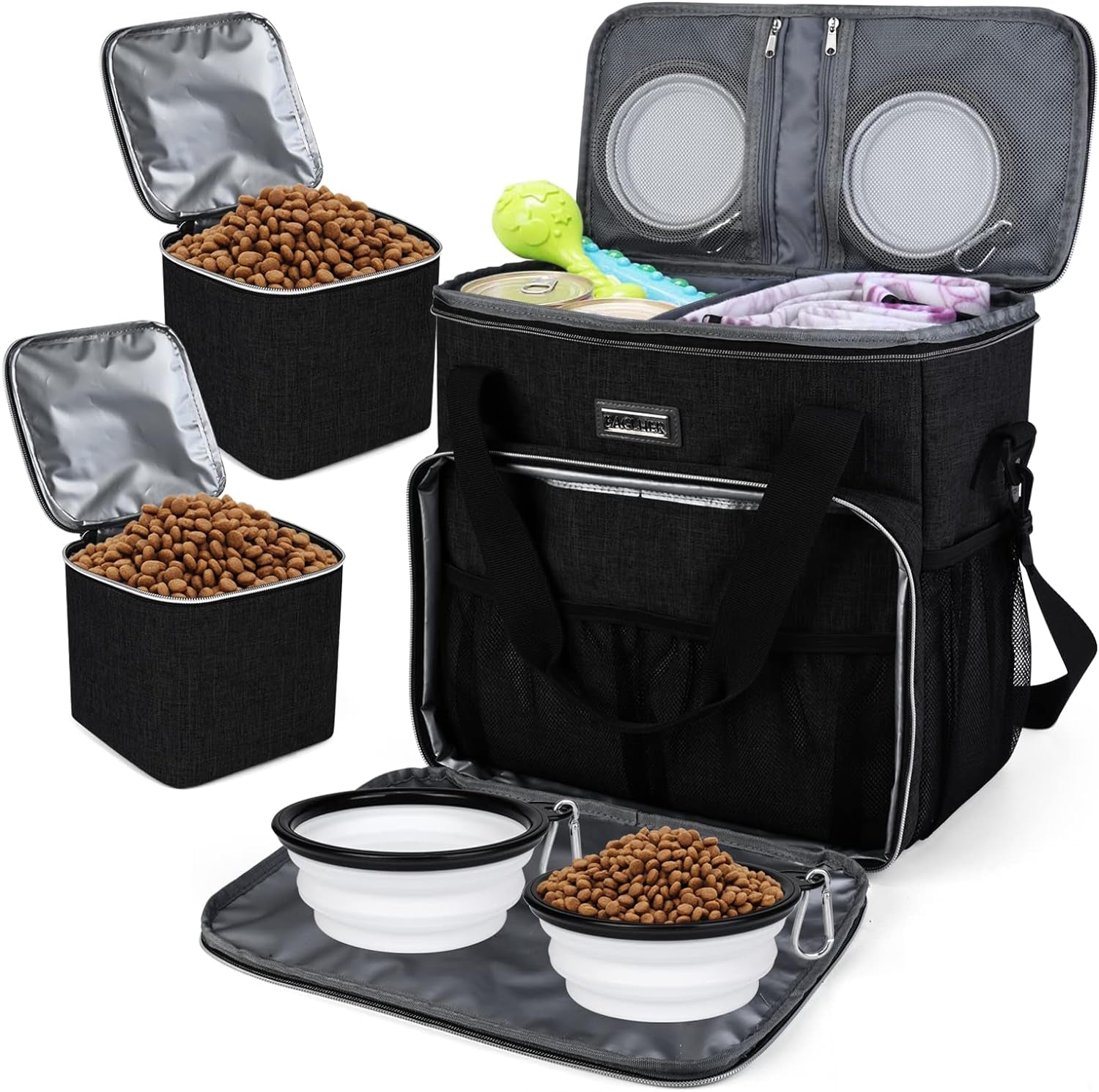 Professional Dog Travel Bag with Complete Pet Travel Supplies, Including 2 Food Containers and 2 Collapsible Silicone Bowls - Essential Travel Kit in Black