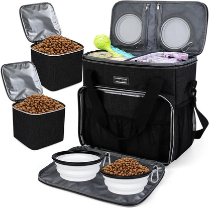 Professional Dog Travel Bag with Complete Pet Travel Supplies, Including 2 Food Containers and 2 Collapsible Silicone Bowls - Essential Travel Kit in Black
