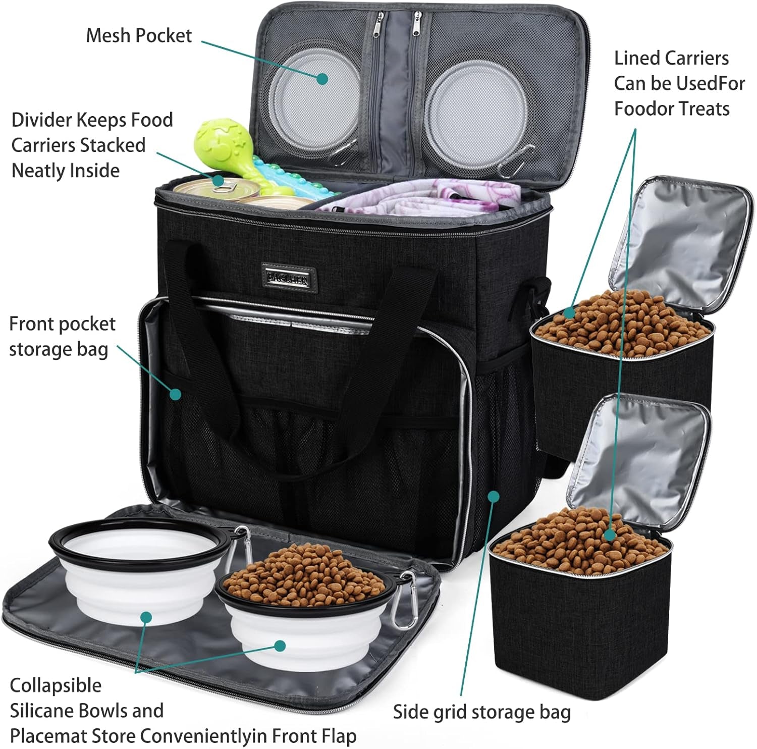 Professional Dog Travel Bag with Complete Pet Travel Supplies, Including 2 Food Containers and 2 Collapsible Silicone Bowls - Essential Travel Kit in Black