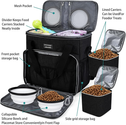 Professional Dog Travel Bag with Complete Pet Travel Supplies, Including 2 Food Containers and 2 Collapsible Silicone Bowls - Essential Travel Kit in Black