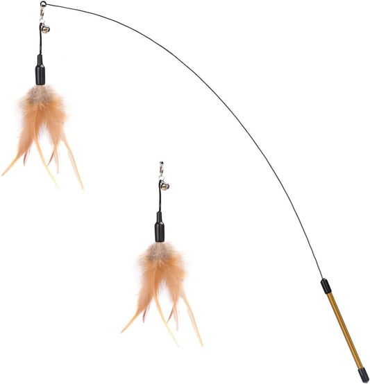 Interactive Feather Teaser Cat Toy - 34.5" Wand with Bell, Engaging Playtime Accessory for Kittens and Cats, Brown Feather